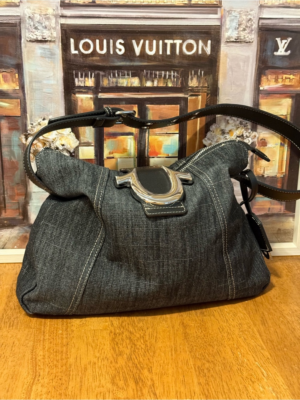 True Religion Dark Gray Denim Shoulder Bag with Silver Hardware